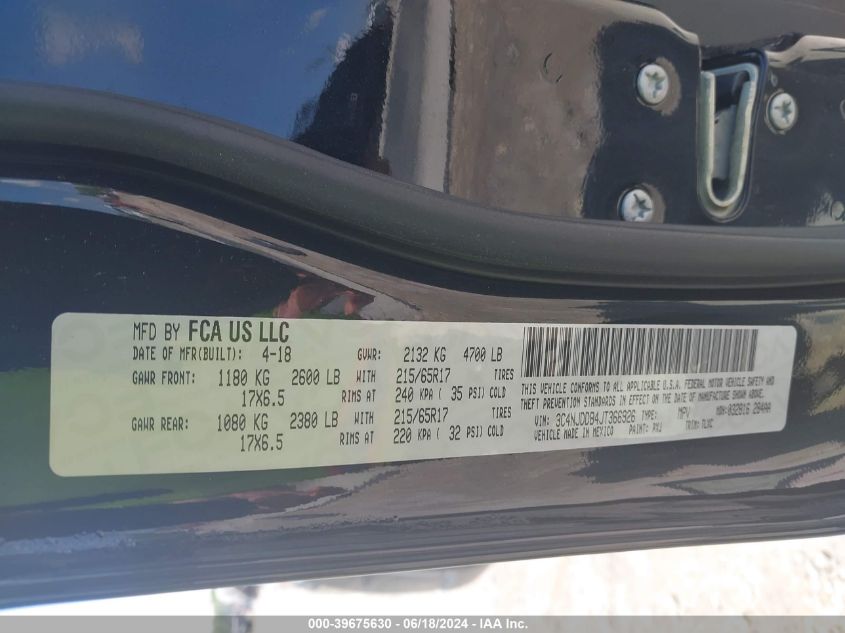 2018 Jeep Compass Trailhawk 4X4 VIN: 3C4NJDDB4JT366926 Lot: 39675630