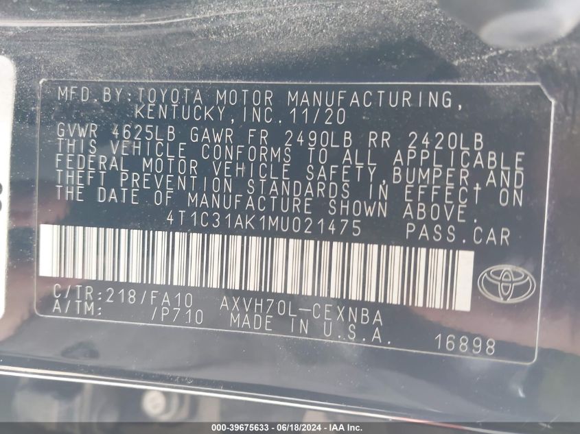 4T1C31AK1MU021475 2021 Toyota Camry Le Hybrid