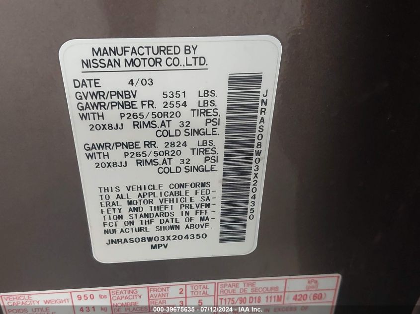 2003 Infiniti Fx35 VIN: JNRAS08W03X204350 Lot: 39675635