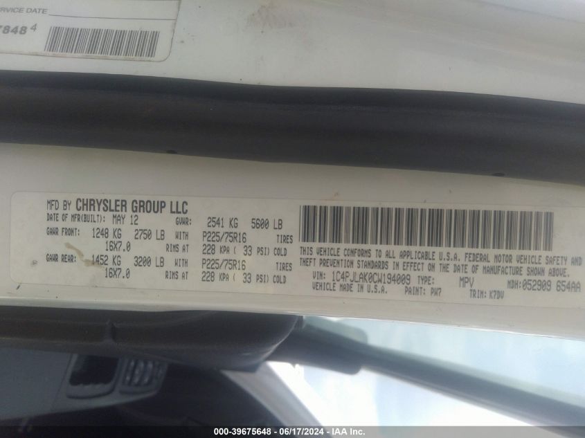 1C4PJLAK0CW194009 2012 Jeep Liberty Sport