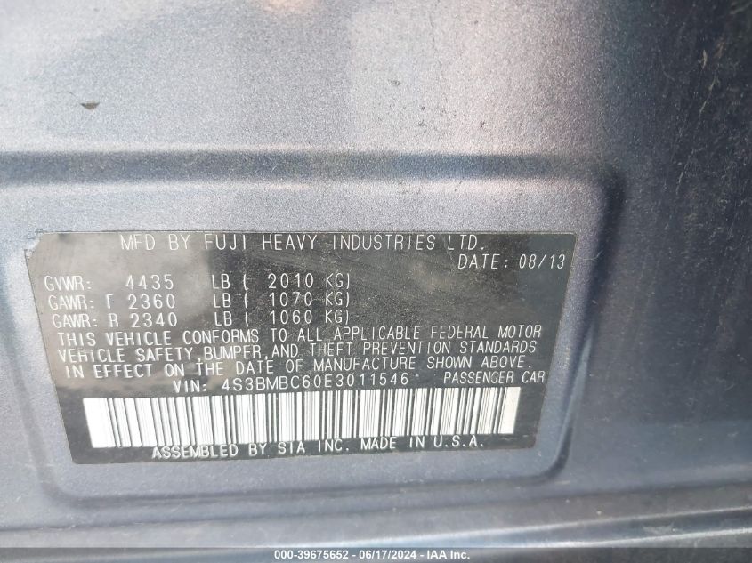 2014 Subaru Legacy 2.5I Premium VIN: 4S3BMBC60E3011546 Lot: 39675652