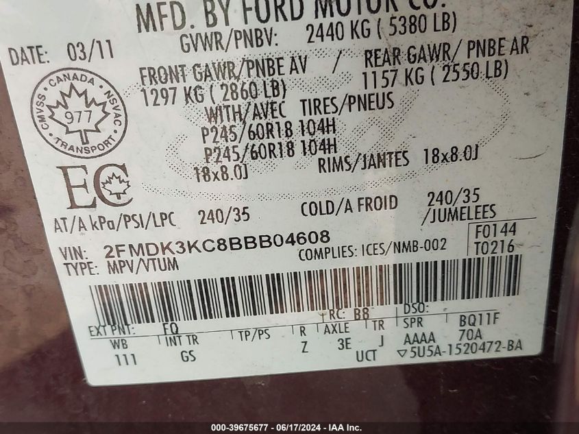 2011 Ford Edge Limited VIN: 2FMDK3KC8BBB04608 Lot: 39675677