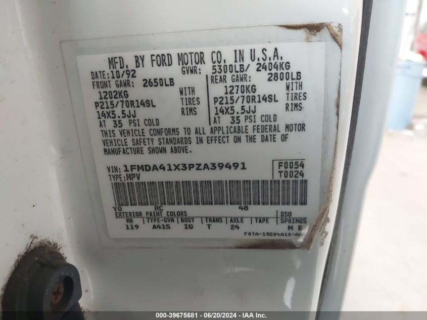 1993 Ford Aerostar VIN: 1FMDA41X3PZA39491 Lot: 39675681