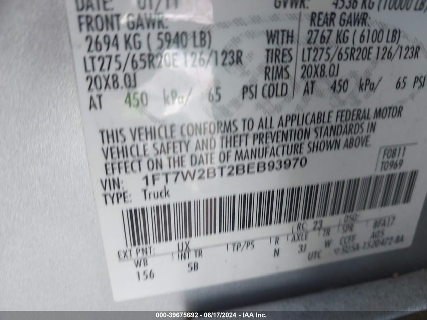 2011 Ford F-250 Lariat VIN: 1FT7W2BT2BEB93970 Lot: 39675692