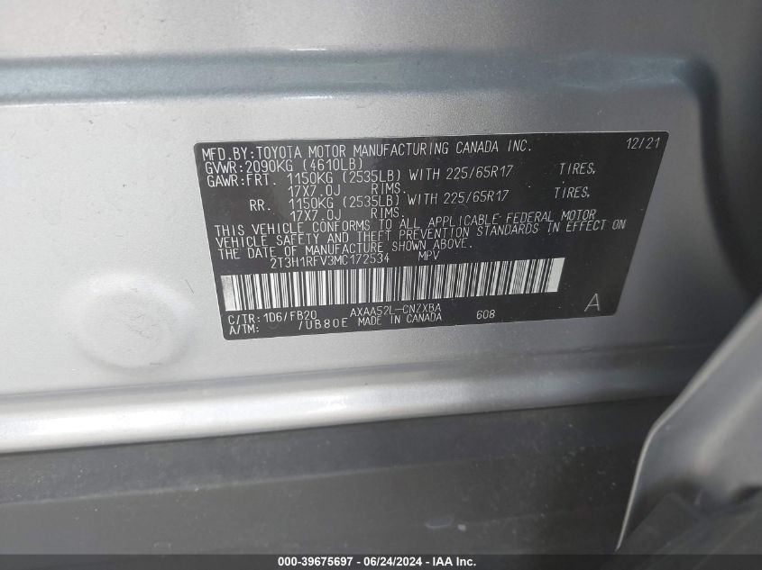 2021 Toyota Rav4 Le VIN: 2T3H1RFV3MC172534 Lot: 39675697