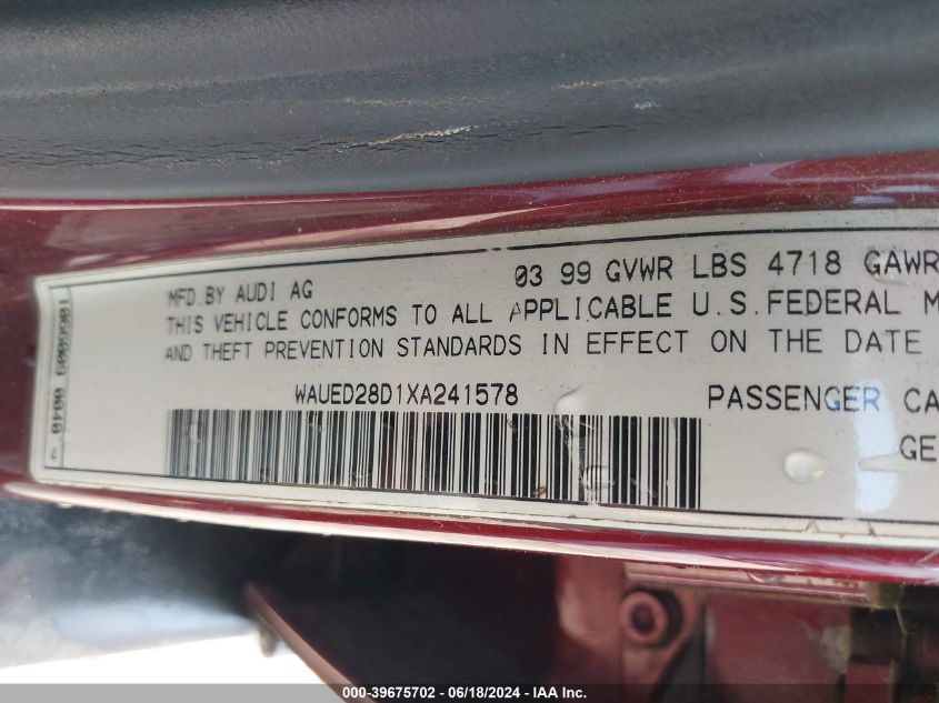 1999 Audi A4 2.8 VIN: WAUED28D1XA241578 Lot: 39675702