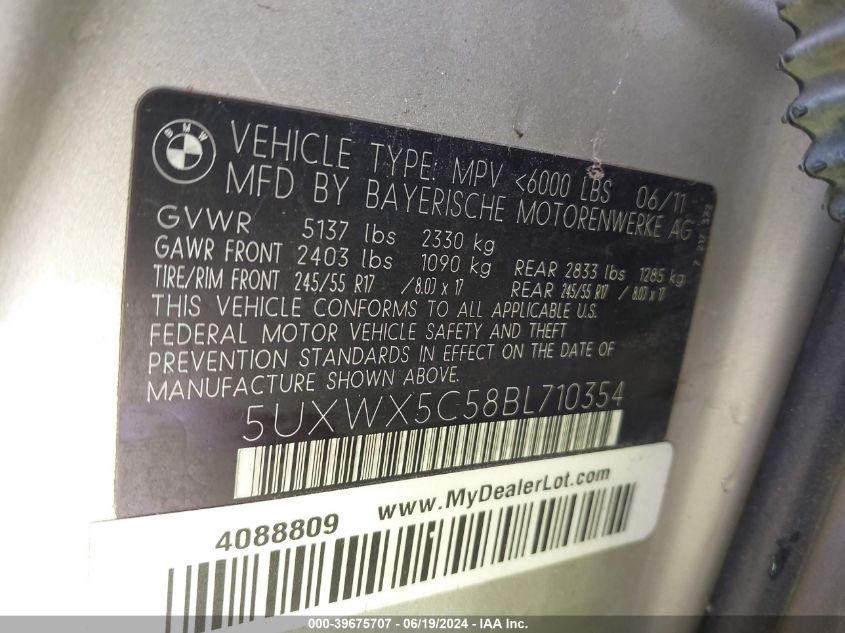 2011 BMW X3 xDrive28I VIN: 5UXWX5C58BL710354 Lot: 39675707