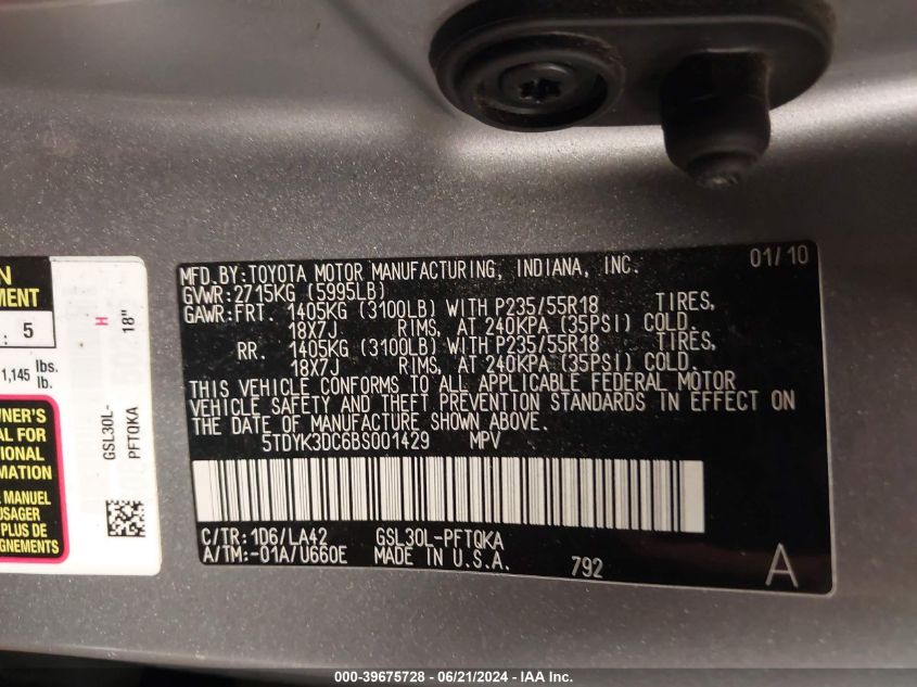 5TDYK3DC6BS001429 2011 Toyota Sienna Limited V6