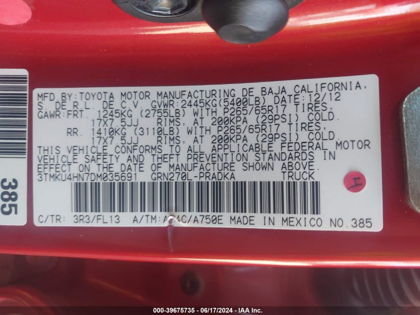 2013 Toyota Tacoma Prerunner V6 VIN: 3TMKU4HN7DM035691 Lot: 39675735