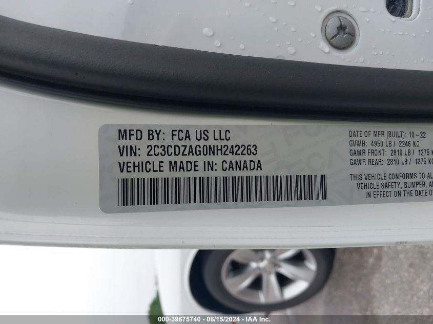 2022 Dodge Challenger Sxt VIN: 2C3CDZAG0NH242263 Lot: 39675740