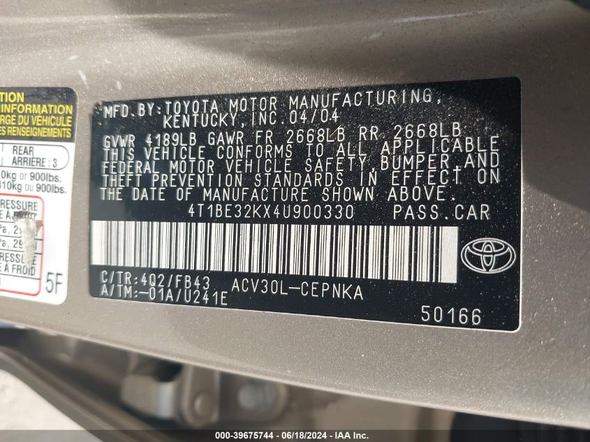 2004 Toyota Camry Le VIN: 4T1BE32KX4U900330 Lot: 39675744