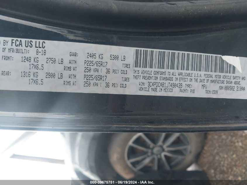 2018 Dodge Journey Se VIN: 3C4PDCAB1JT490439 Lot: 39675751