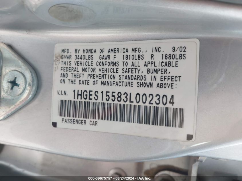 2003 Honda Civic Lx VIN: 1HGES15583L002304 Lot: 39675757