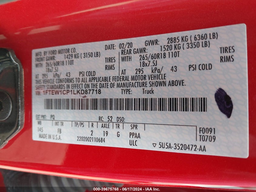 VIN 1FTEW1CP1LKD87718 2020 FORD F-150 XLT