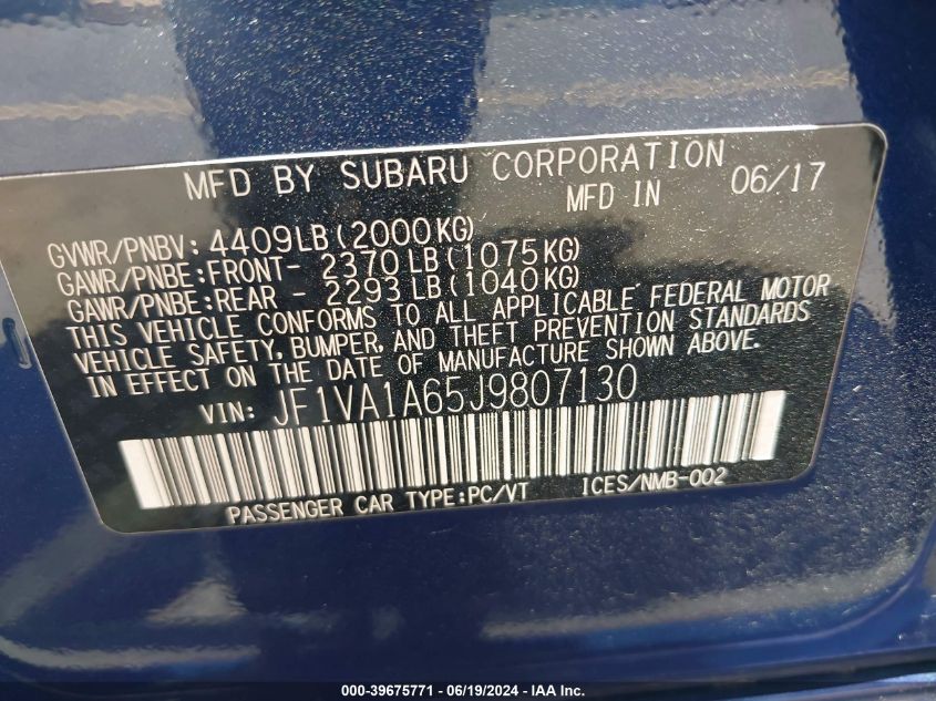 2018 Subaru Wrx VIN: JF1VA1A65J9807130 Lot: 39675771