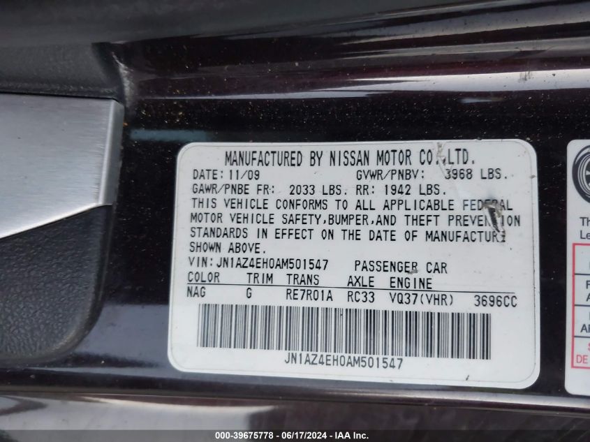 2010 Nissan 370Z VIN: JN1AZ4EH0AM501547 Lot: 39675778