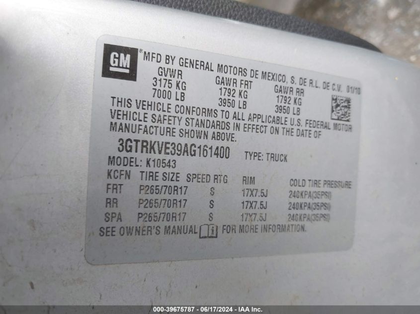 2010 GMC Sierra 1500 Sle VIN: 3GTRKVE39AG161400 Lot: 39675787