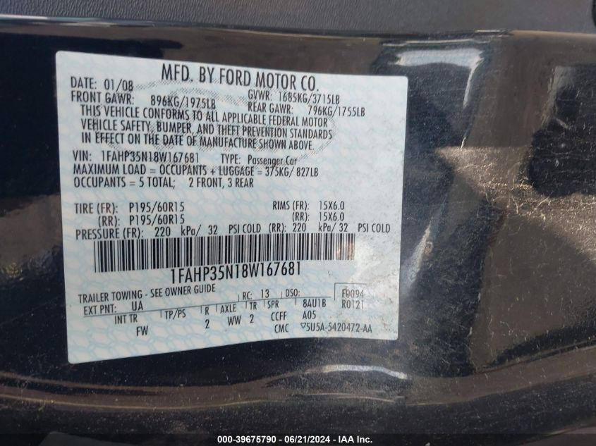 2008 Ford Focus Se/Sel/Ses VIN: 1FAHP35N18W167681 Lot: 39675790