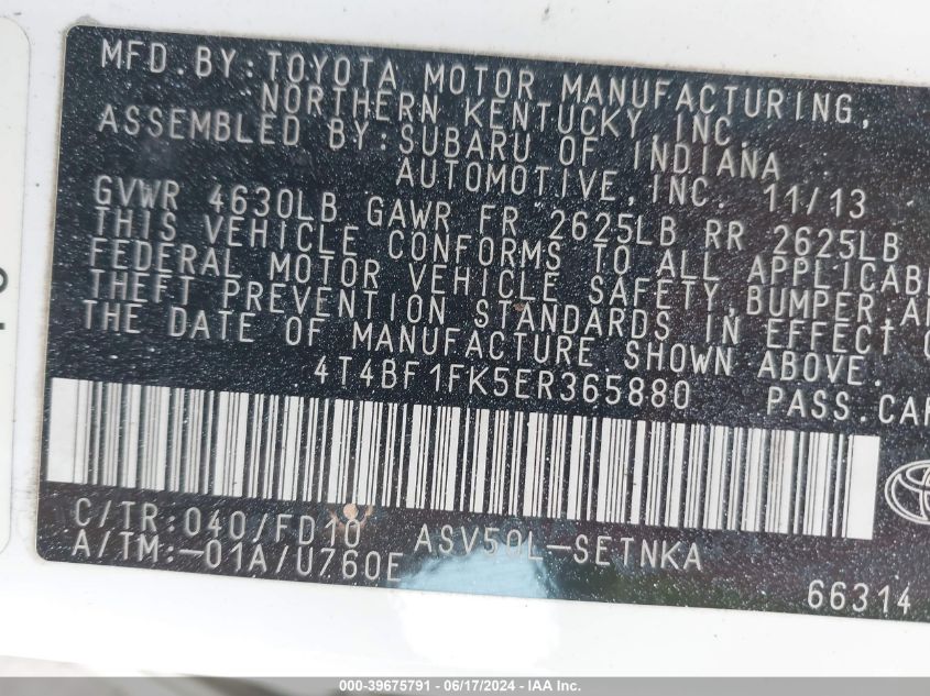 2014 Toyota Camry Le VIN: 4T4BF1FK5ER365880 Lot: 39675791