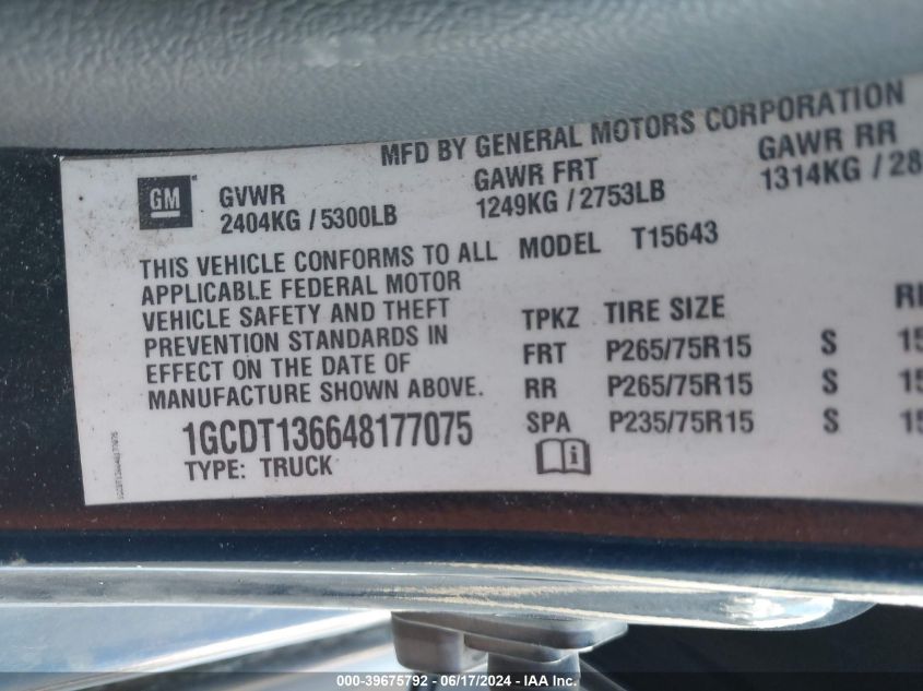 2004 Chevrolet Colorado Ls VIN: 1GCDT136648177075 Lot: 39675792