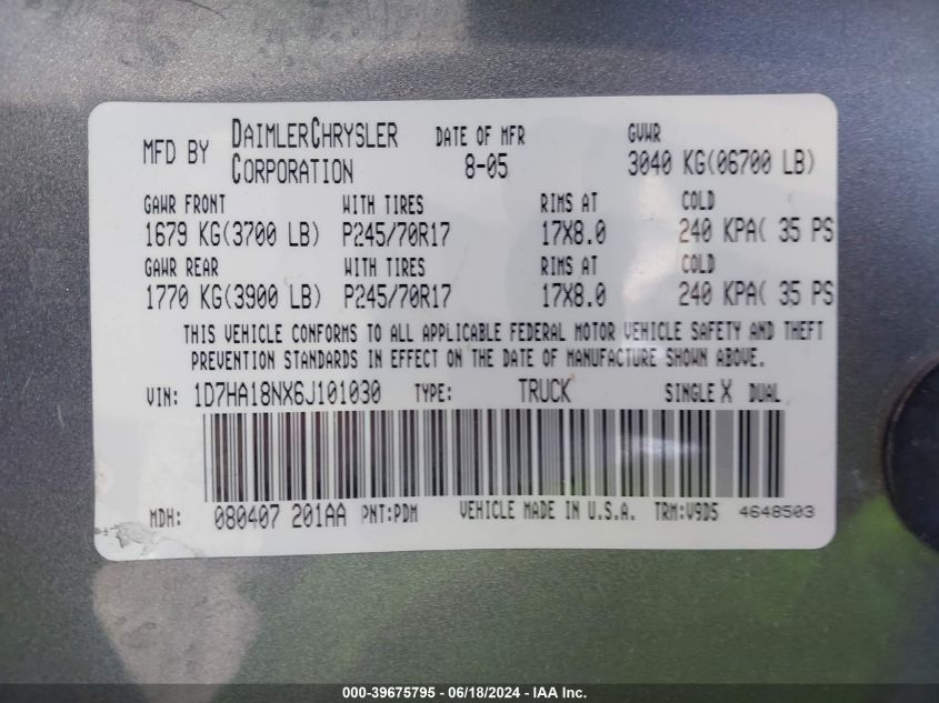 2006 Dodge Ram 1500 Slt VIN: 1D7HA18NX6J101030 Lot: 39675795