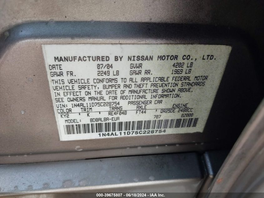 2005 Nissan Altima 2.5 S VIN: 1N4AL11D75C228754 Lot: 39675807