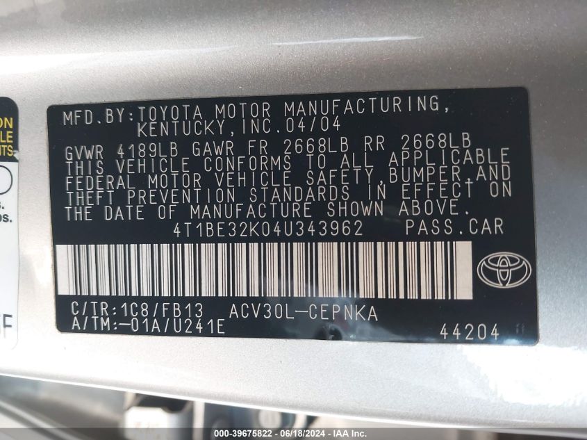 2004 Toyota Camry Le VIN: 4T1BE32K04U343962 Lot: 39675822