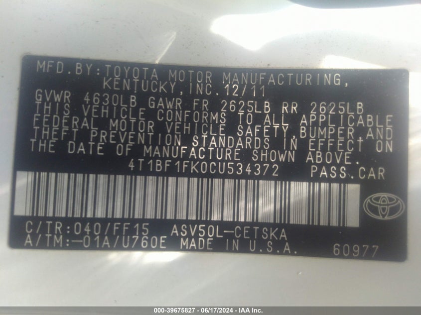 2012 Toyota Camry Se VIN: 4T1BF1FK0CU534372 Lot: 39675827