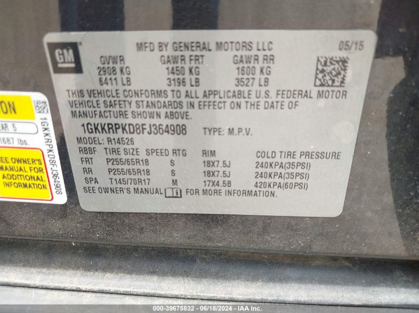 2015 GMC Acadia Sle-2 VIN: 1GKKRPKD8FJ364908 Lot: 39675832