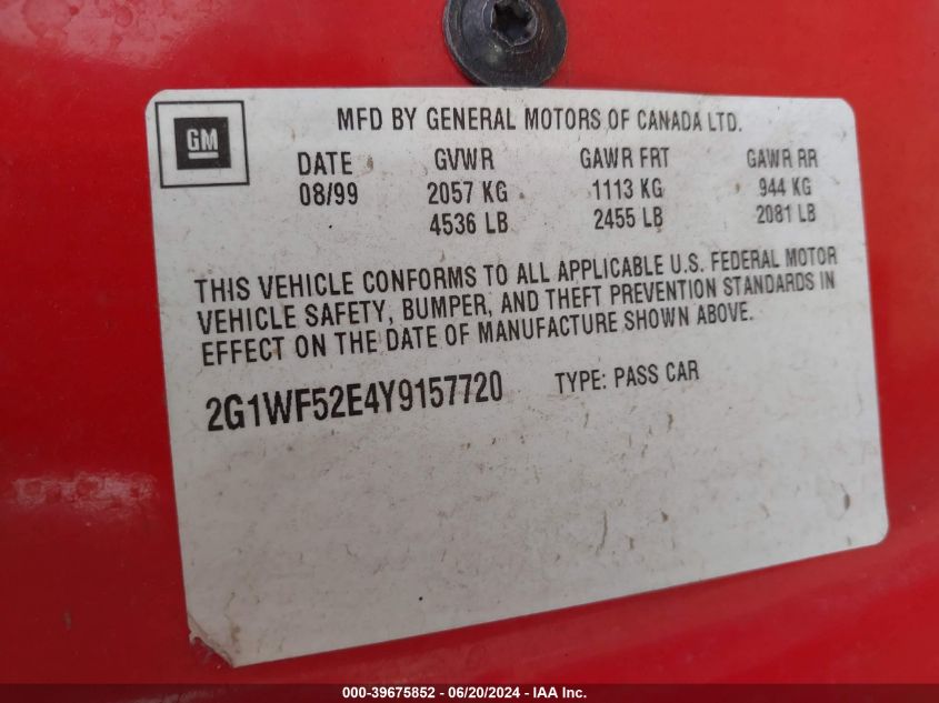2000 Chevrolet Impala VIN: 2G1WF52E4Y9157720 Lot: 39675852
