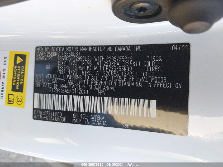 2011 Lexus Rx 350 VIN: 2T2BK1BA9BC112041 Lot: 39675860