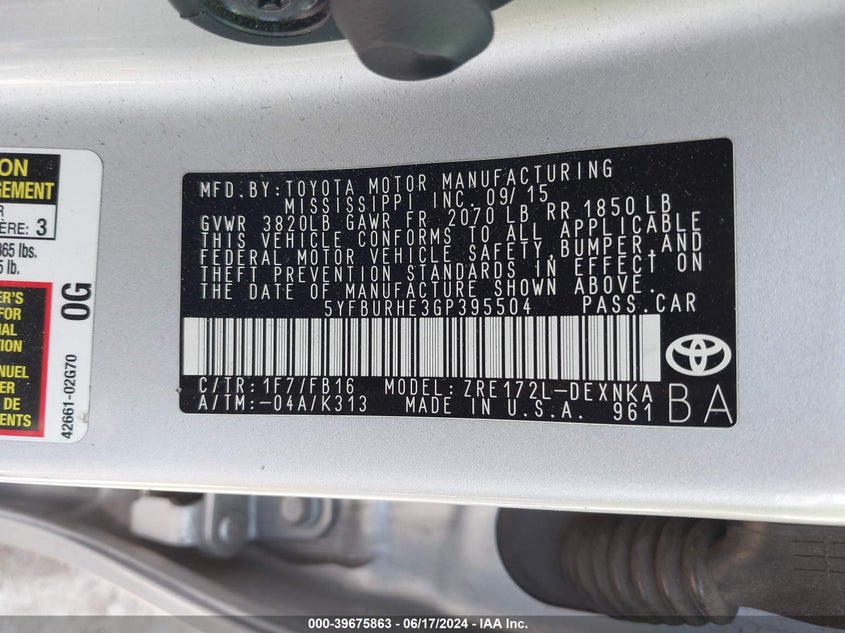 2016 Toyota Corolla Le Plus VIN: 5YFBURHE3GP395504 Lot: 39675863