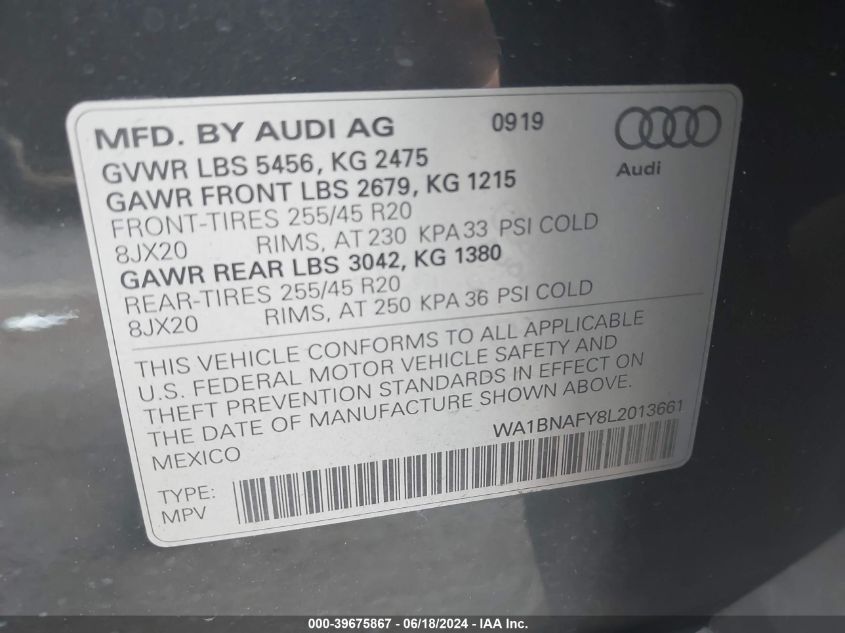 2020 Audi Q5 Premium Plus 45 Tfsi Quattro S Tronic VIN: WA1BNAFY8L2013661 Lot: 39675867