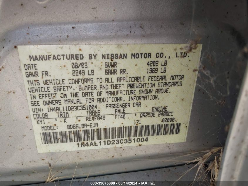 2003 Nissan Altima 2.5 S VIN: 1N4AL11D23C351004 Lot: 39675888