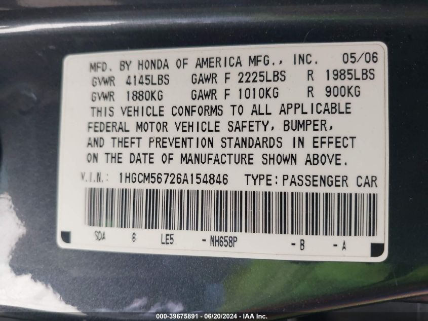 2006 Honda Accord 2.4 Ex VIN: 1HGCM56726A154846 Lot: 39675891
