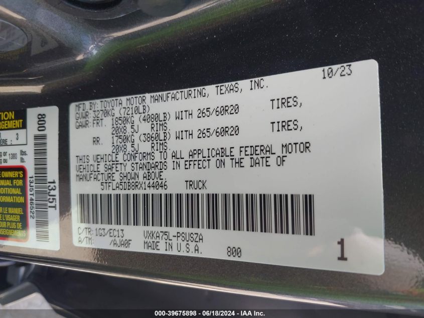 2024 Toyota Tundra Sr5 VIN: 5TFLA5DB8RX144046 Lot: 39675898