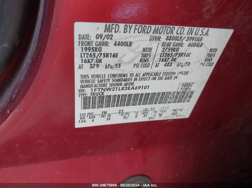 2003 Ford F-250 Super Duty VIN: 1FTNW21L83EA69101 Lot: 39675908