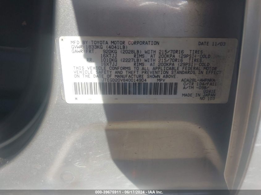 2004 Toyota Rav4 VIN: JTEGD20V840014904 Lot: 39675911