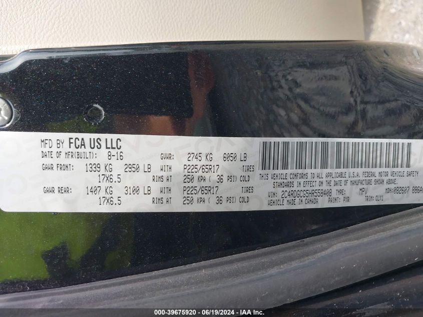 2017 Dodge Grand Caravan Sxt VIN: 2C4RDGCG5HR558408 Lot: 39675920