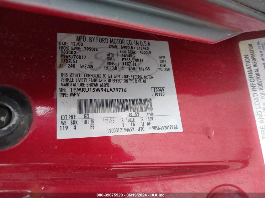 2004 Ford Expedition Xlt VIN: 1FMRU15W94LA79716 Lot: 39675929