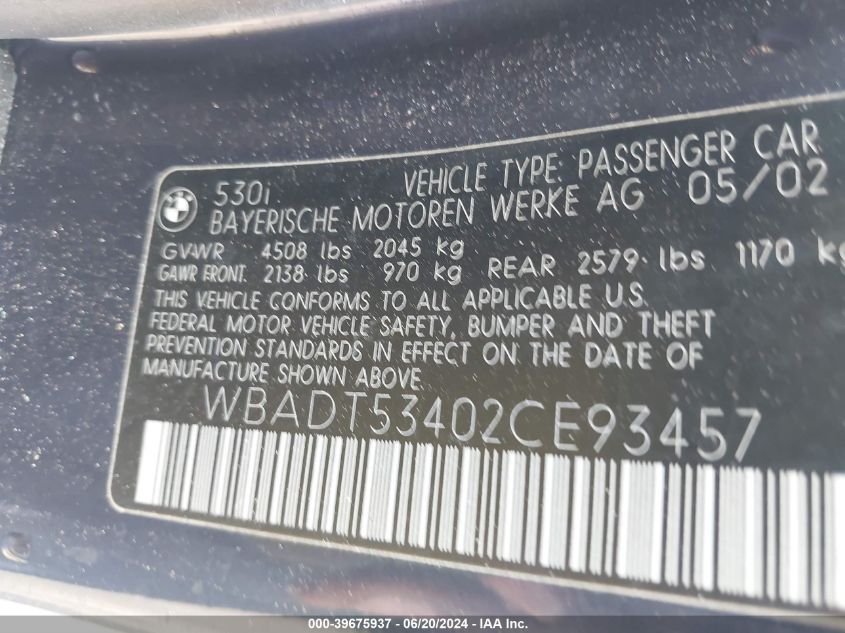 2002 BMW 530 I VIN: WBADT53402CE93457 Lot: 39675937