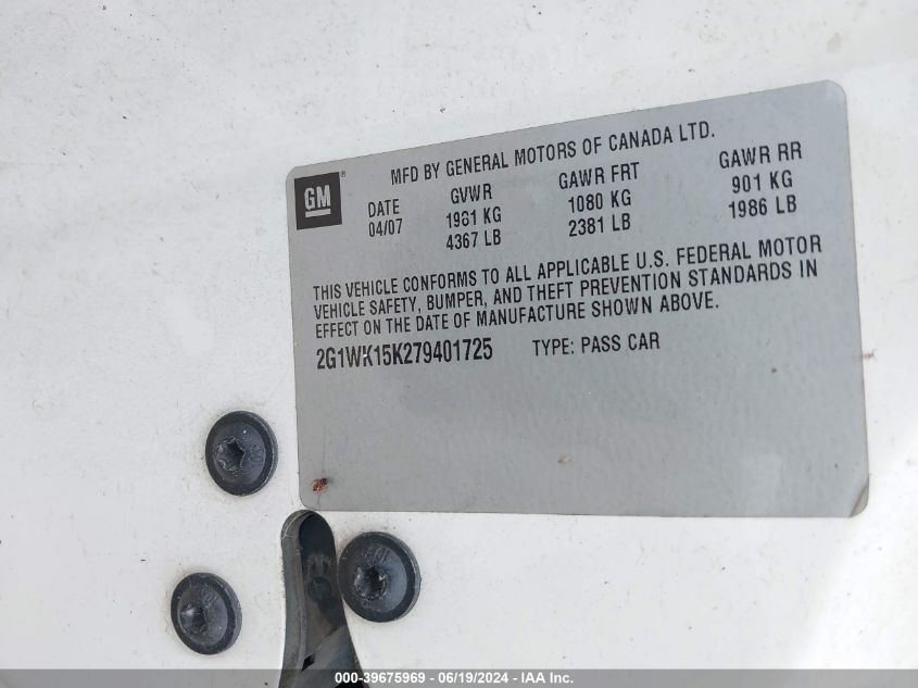 2007 Chevrolet Monte Carlo Lt VIN: 2G1WK15K279401725 Lot: 39675969