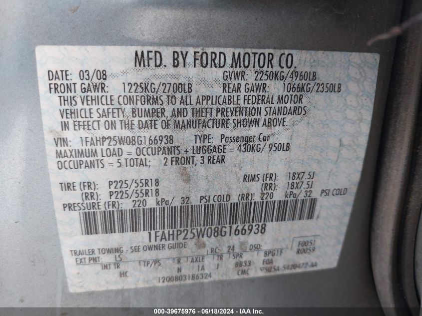 2008 Ford Taurus Limited VIN: 1FAHP25W08G166938 Lot: 39675976