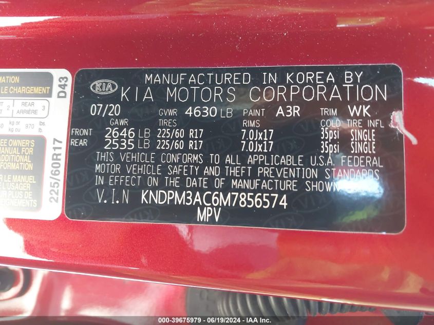 2021 Kia Sportage Lx VIN: KNDPM3AC6M7856574 Lot: 39675979