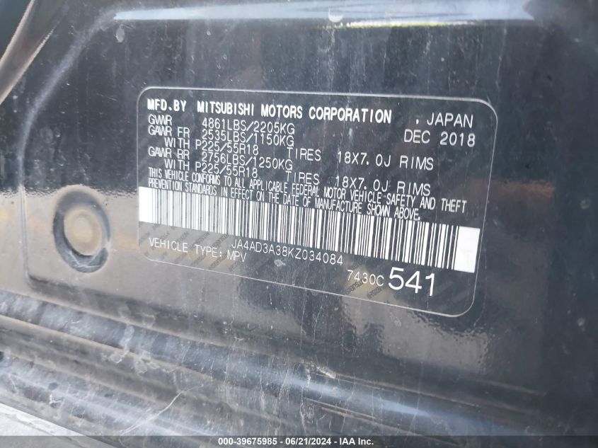 2019 Mitsubishi Outlander Se VIN: JA4AD3A38KZ034084 Lot: 39675985