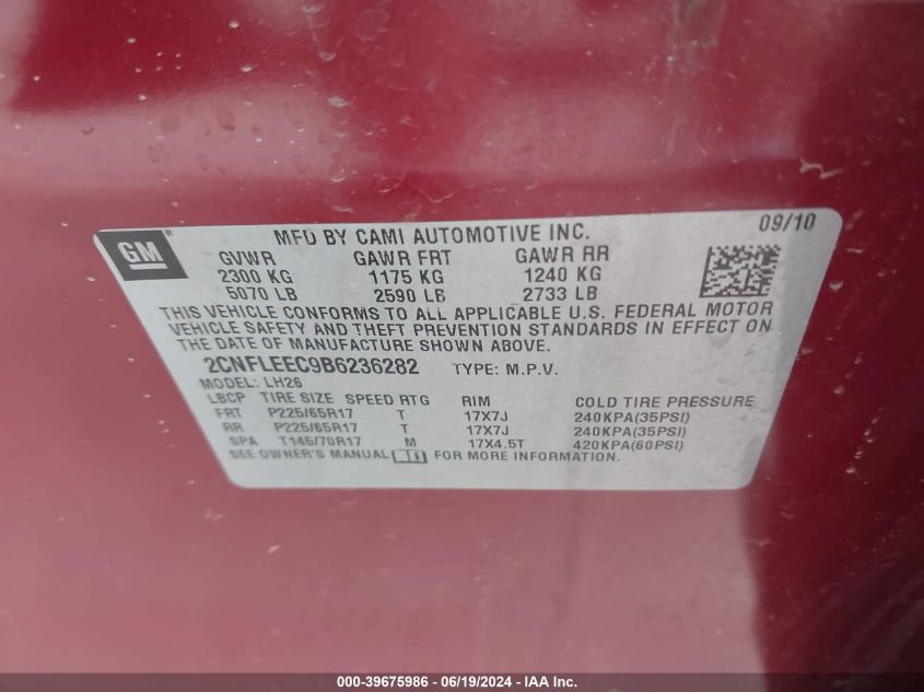 2011 Chevrolet Equinox 1Lt VIN: 2CNFLEEC9B6236282 Lot: 39675986