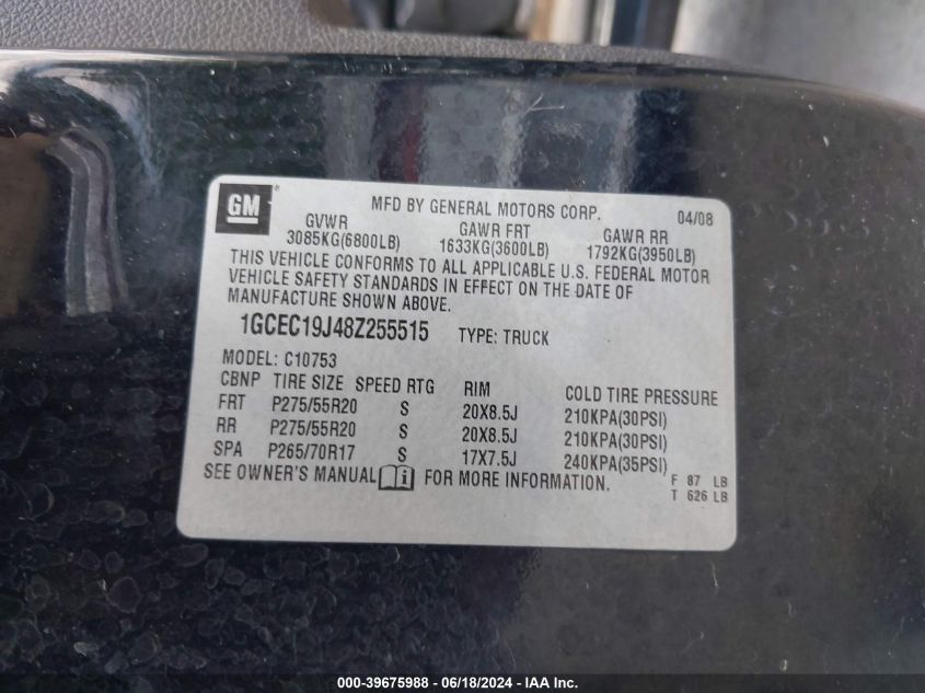 2008 Chevrolet Silverado 1500 Lt1 VIN: 1GCEC19J48Z255515 Lot: 39675988