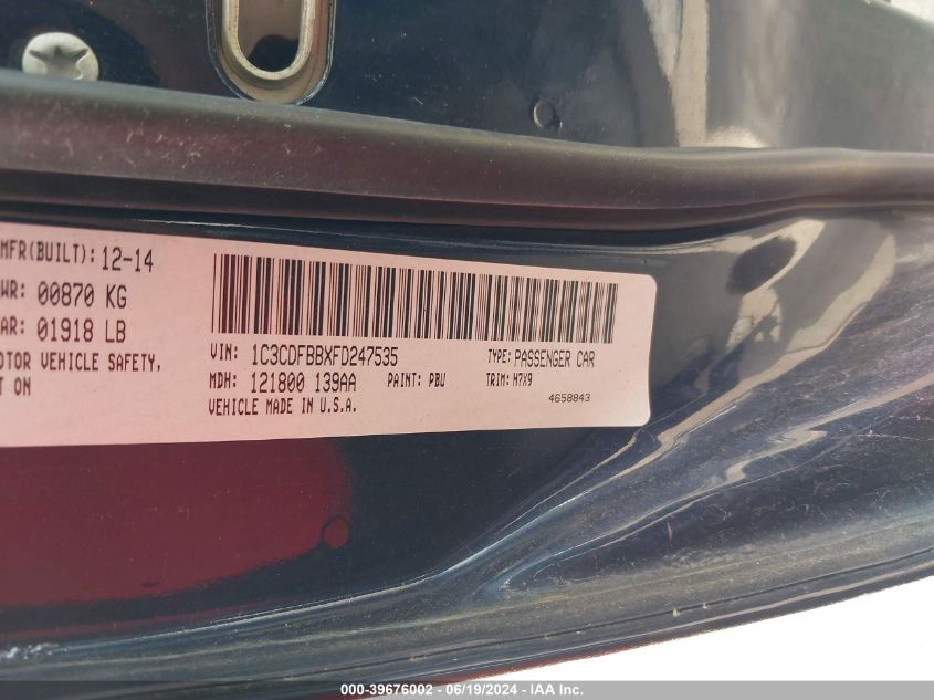 2015 Dodge Dart Sxt VIN: 1C3CDFBBXFD247535 Lot: 39676002