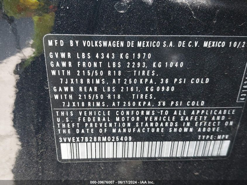 2024 Volkswagen Taos 1.5T Se VIN: 3VVEX7B28RM025409 Lot: 39676007