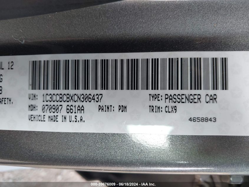 2012 Chrysler 200 Limited VIN: 1C3CCBCBXCN306437 Lot: 39676009